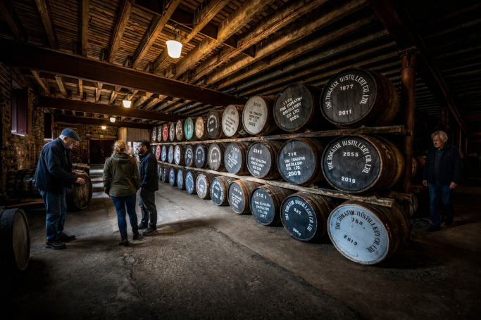 Tomatin Distillery warehouse surrounded by scotch whisky casks