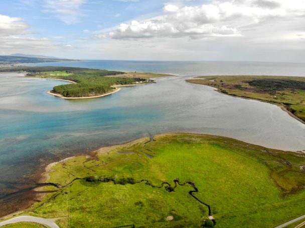 Aerial view of Loch Fleet and surrounding coastline in the Scottish Highlands